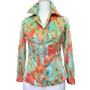 Retro Abstract Print Button Up Blouse Orange Green Long Sleeve Shirt